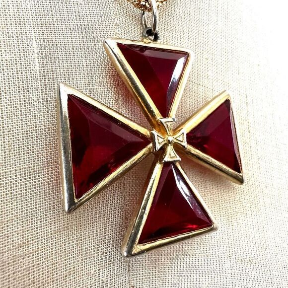 Maltese  red and gold tone Cross pendant necklace - Picture 3 of 11